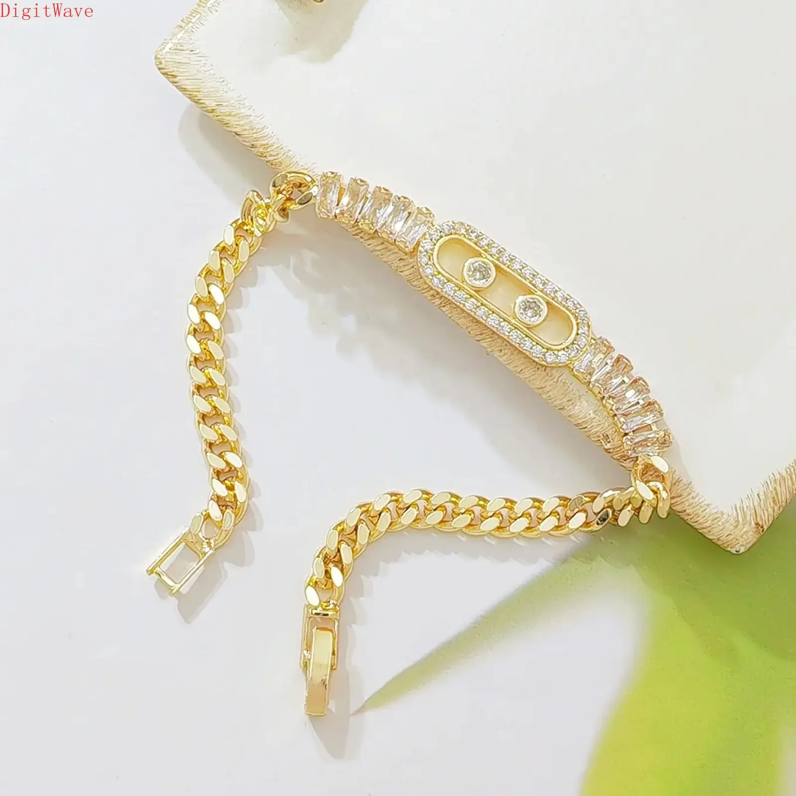 Gold Plated Cuban Link Bracelet for Women, Sparkling CZ Sliding Charm & Baguette Cut Zircon Inlaid Chain, Dainty Adjustable Fashion Jewelry for Daily Wear, Party & Gifting, Jewelry For Women, Gold Jewelry