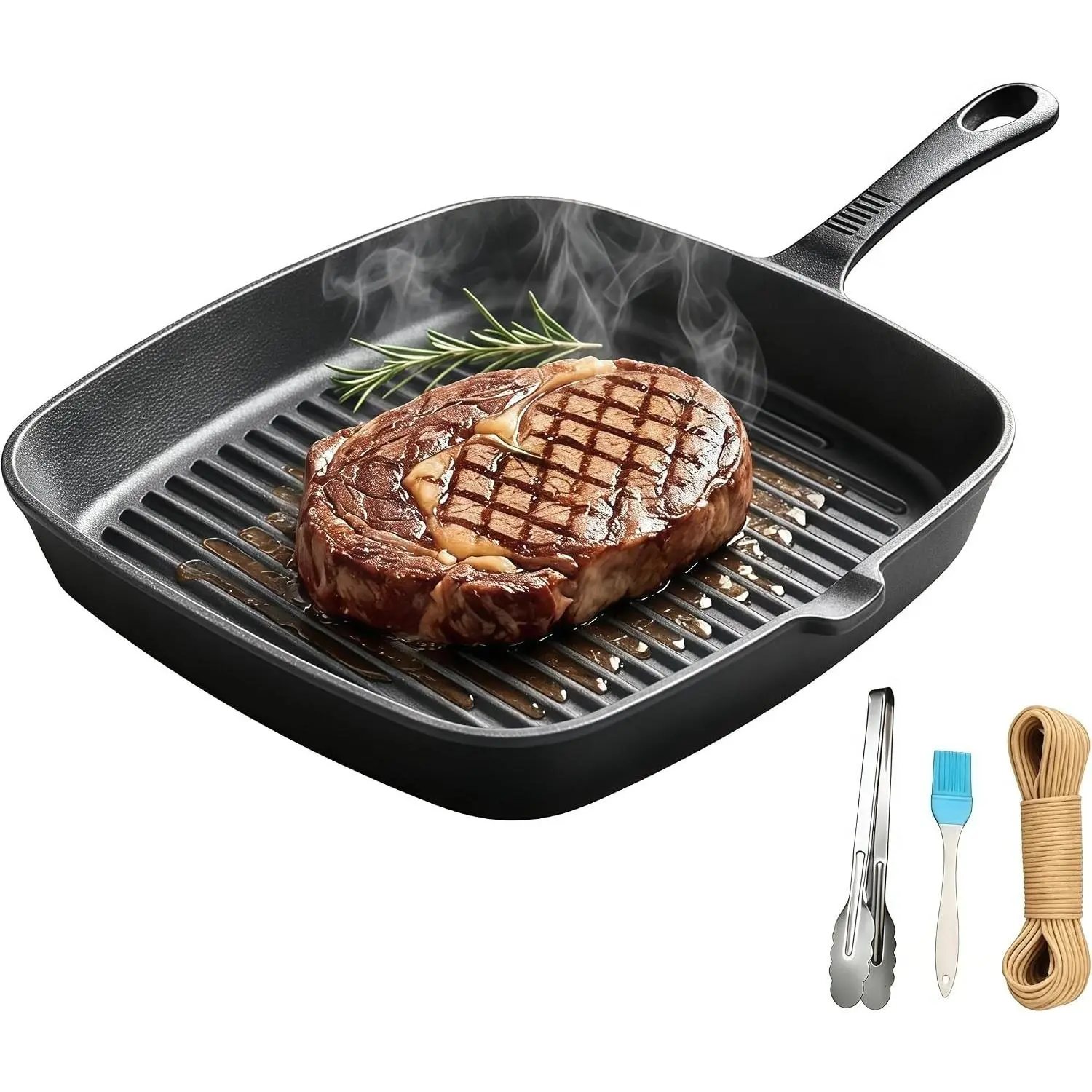 Cast Iron Grill Pan 9.5" Square Griddle Skillet with Pour Spout Oven Safe