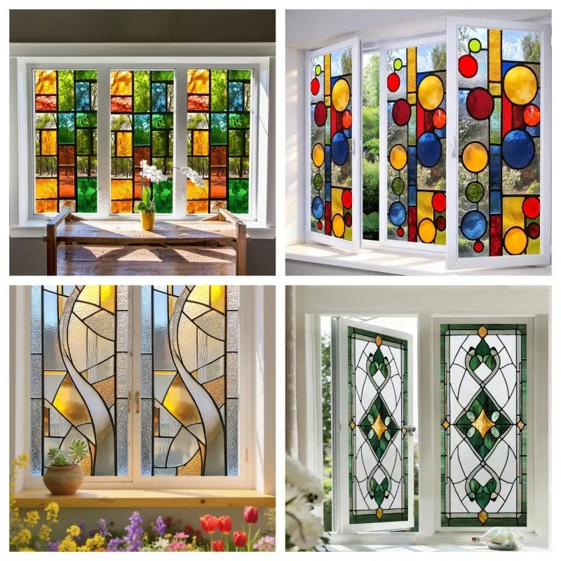 European Vintage Art Stained Glass Window Film, Frosted Static Cling Decorative Window Sticker, Colorful Privacy Glass Decal for Bathroom Bedroom Living Room Home Decor Deco Stickers