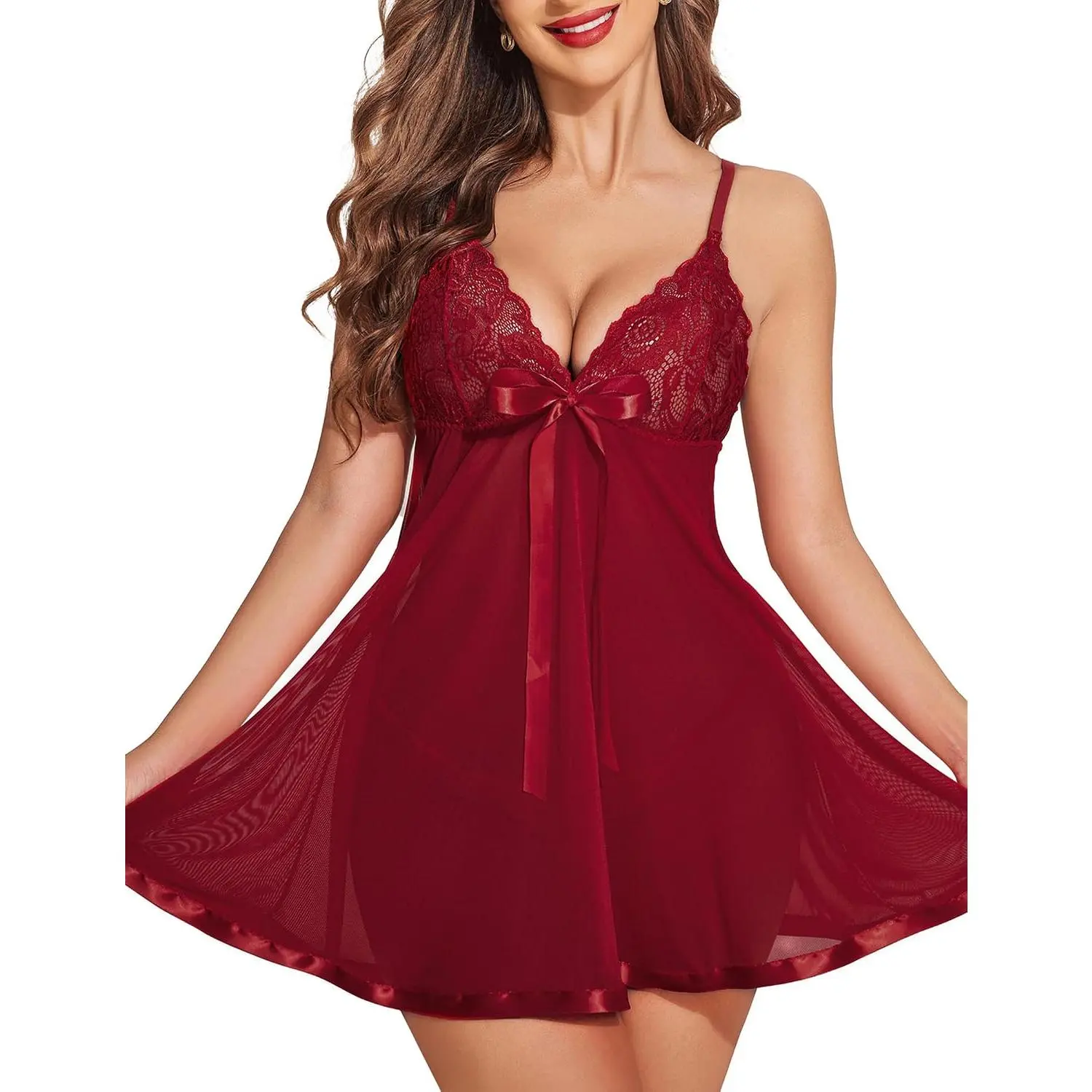 Women's Lingerie Lace Babydoll Strap Chemise Mesh Sleepwear V-Neck Sexy Nighty