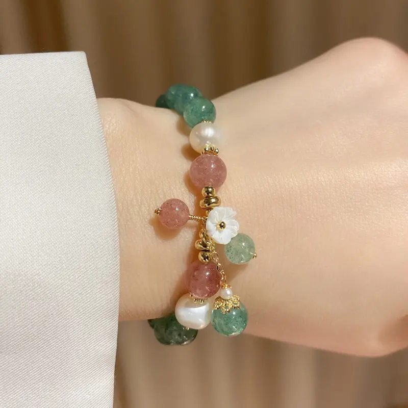 Natural Strawberry Crystal Bracelet - Pink Gemstone Beaded Wristband for Women, Love Attraction Stone Jewelry, Valentine's Day Gift for Her, Lucky Charm Stackable