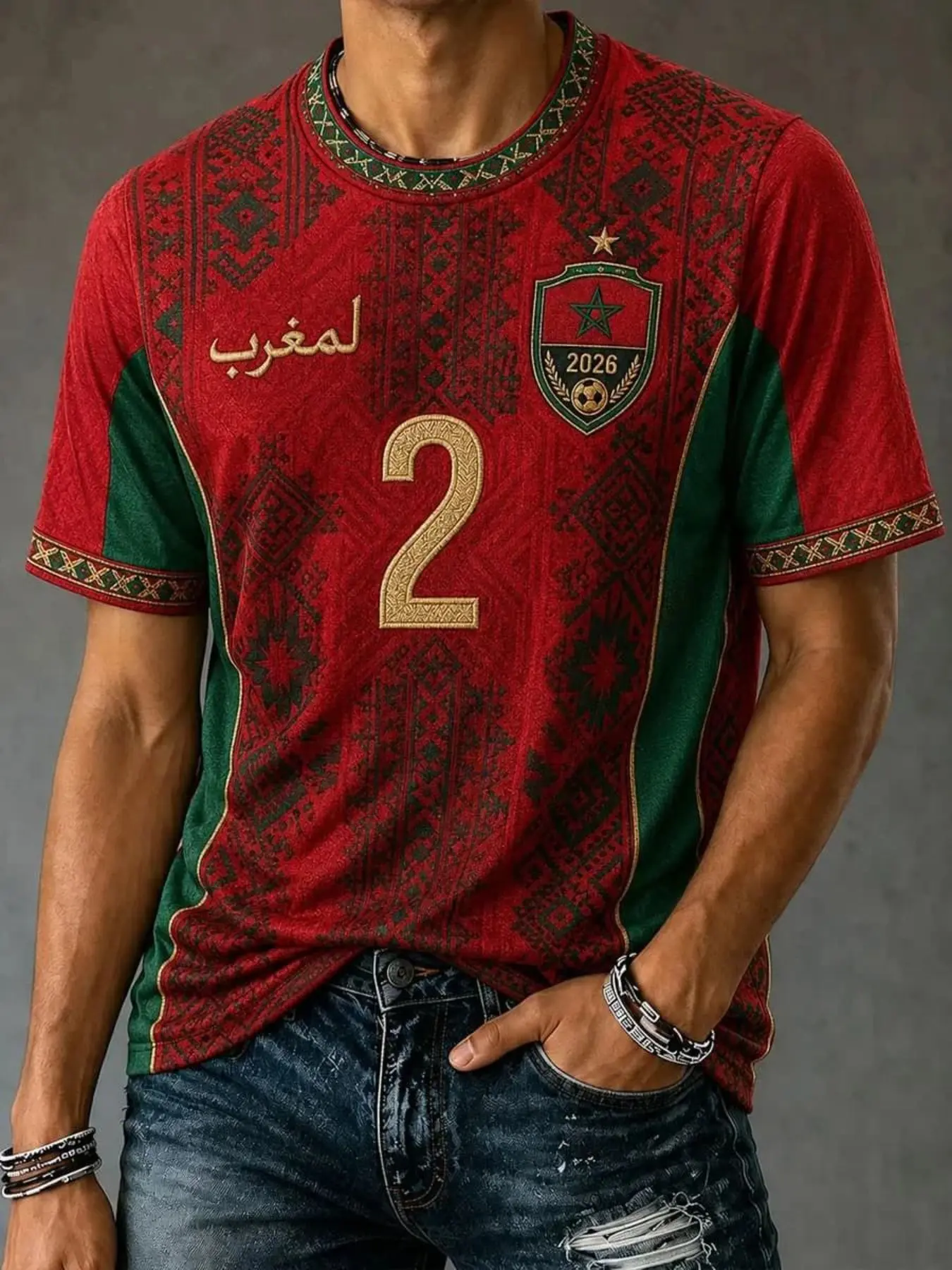 2026 Morocco Football Fan Men's 3D Print T-Shirt, Football Tee, Fan Sportswear Top, Vintage Ethnic Design, Short Sleeve Round Neck, Breathable Summer Top, Unisex, Sports Clothing