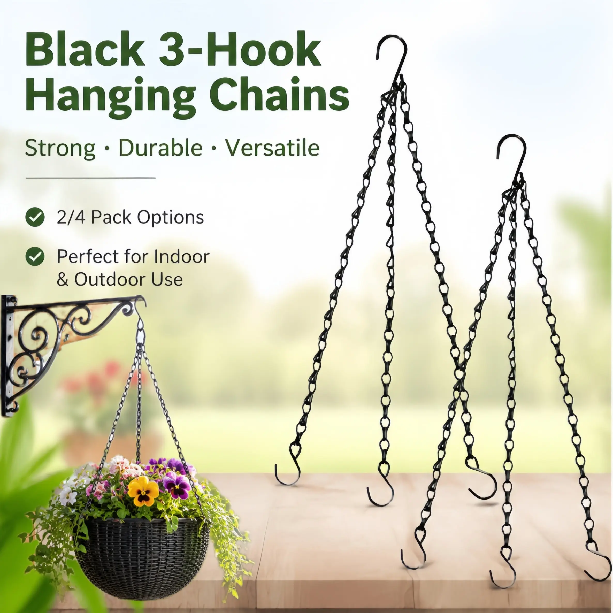2/4 Pack Black Durable Iron Garden Plant Hanger Chains with 3 Hooks, Replacement Hanging Chains for Hanging Baskets, Multi-Purpose Hanging Chains for Flower Pots, Bird Feeders, Bird Cages, Lanterns and Other Indoor & Outdoor Hanging Accessories
