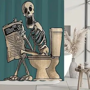 1/4PCS Skeleton Man Pattern Shower Curtain Set – Polyester, 71x71 Inches, Includes 12 Hooks, Non-Slip Floor Mat, U-Shaped Pad & Toilet Lid Pad, Room Decor & Bathroom Accessories