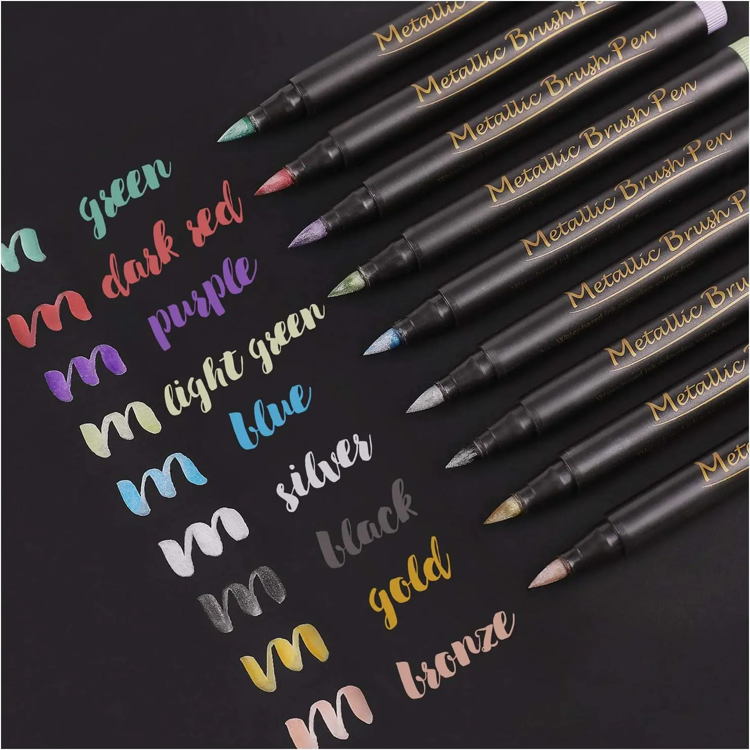 9-Pack Metallic Brush Marker Pens with Fiber Tips & Opaque Ink - Office Stationery for Calligraphy, Brush Lettering, Black Paper Projects, Set Of 9