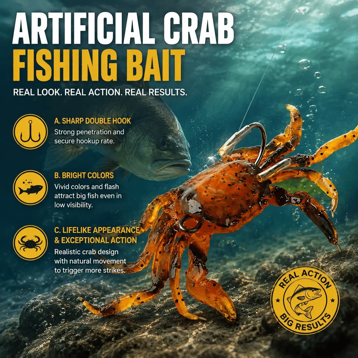 Glow Fishing Lure Set: Realistic Crab Soft Bait with Double Hooks, Flexible Silicone Swimbait for Freshwater & Saltwater. Attracts Bass, Trout, Catfish. Glow-in-the-Dark, High-Visibility, Durable & User-Friendly.