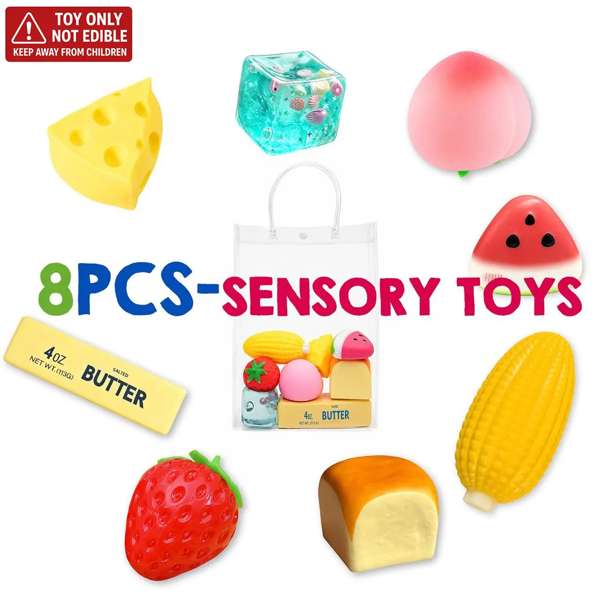 8-Piece Cute Realistic Food Squishy Toy Set, Ultra Soft Slow Rebound Fruit Sensory Stress Relief, Strawberry Peach Butter Anxiety Relief Gift, Calming Fidget Set
