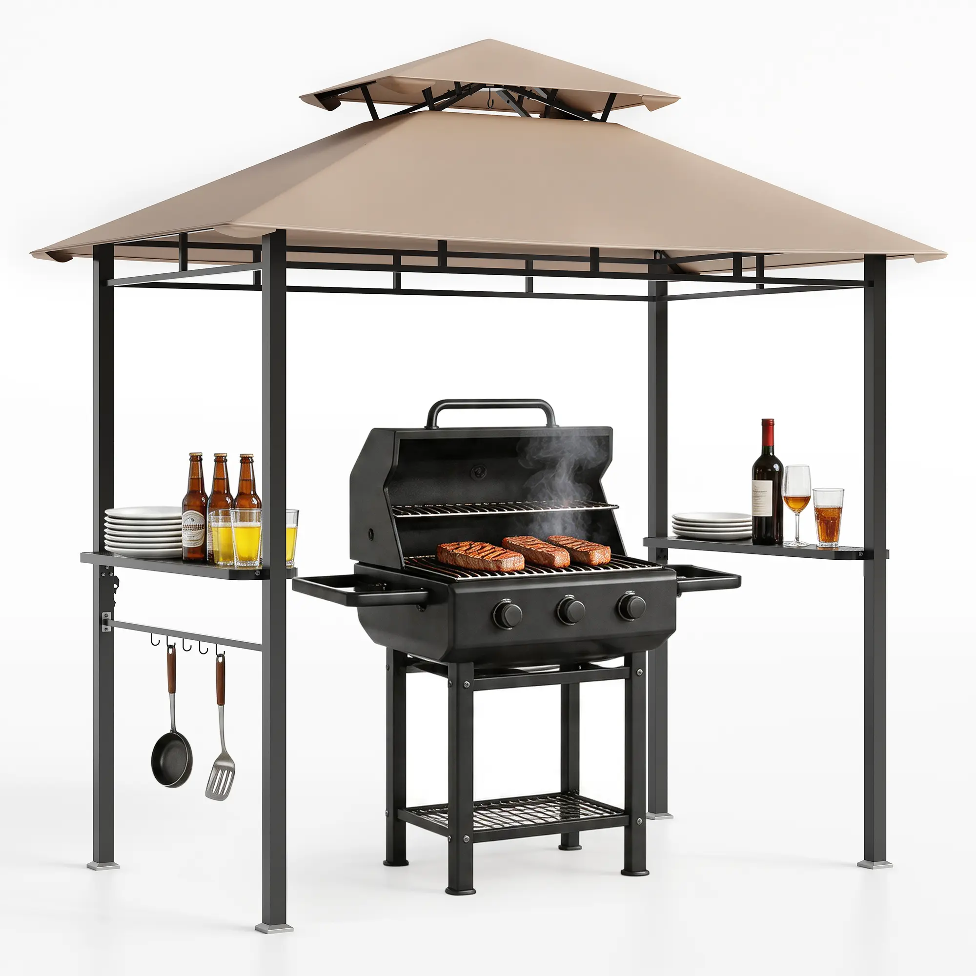 8'x5' BBQ Grill Gazebo – Waterproof, Double-Tier Roof | With Bar Counters & Hooks | For Patio, Deck, Garden | UV-Protected, Ventilated | Metal Frame, Wind Resistant | Outdoor Kitchen Shelter | Easy Assembly | Black/Khaki | All-Weather BBQ Cover