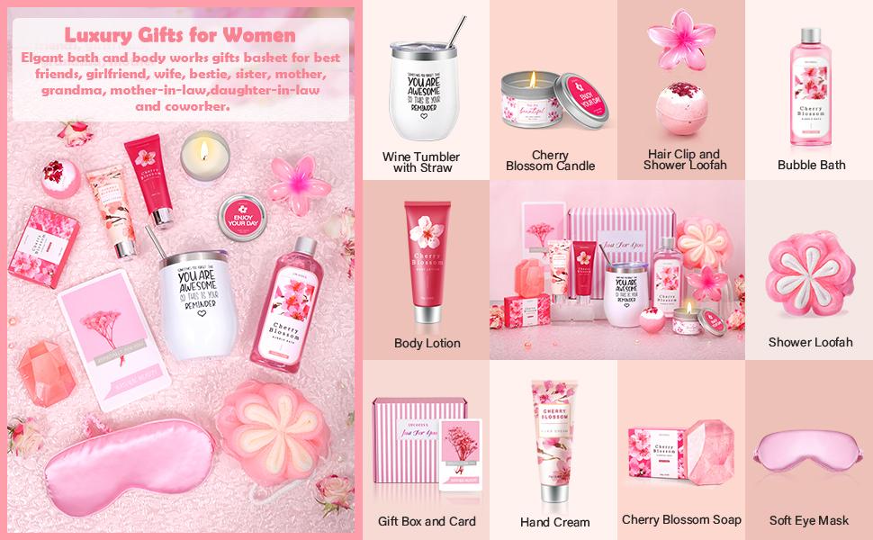 SUNDAY MIRTH Gifts for Women Birthday Gifts, Spa Gifts Set- 10 Pcs Christmas Valentine's Mother's Day Gifts and Cherry Blossoms Self Care Package Gifts Women, Relaxing Gifts Basket