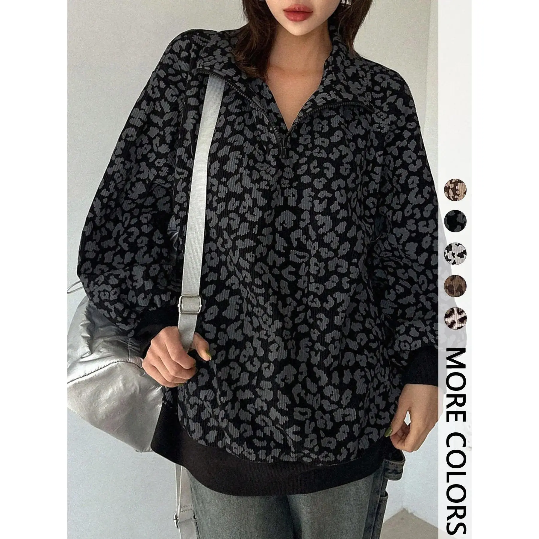 Women's Leopard Print Half Zip Pullover Oversized Drop Shoulder Long Sleeve Top Contrast Cuff & Hem Loose Relaxed Fit Casual Streetwear Trendy Animal Pattern Sweatshirt