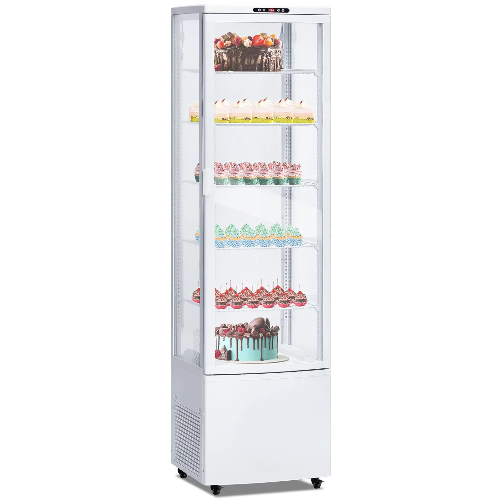10.9 Cu.Ft Commercial Tempered Glass Door Display Refrigerator with R290 Refrigerant for Restaurants, Food Services – Tall Unit, Floor/Countertop Beverage & Pastry Cooler, Backlit LED Lighting, Adjustable Shelves, Auto Defrost, Sliding Doors, Wheels