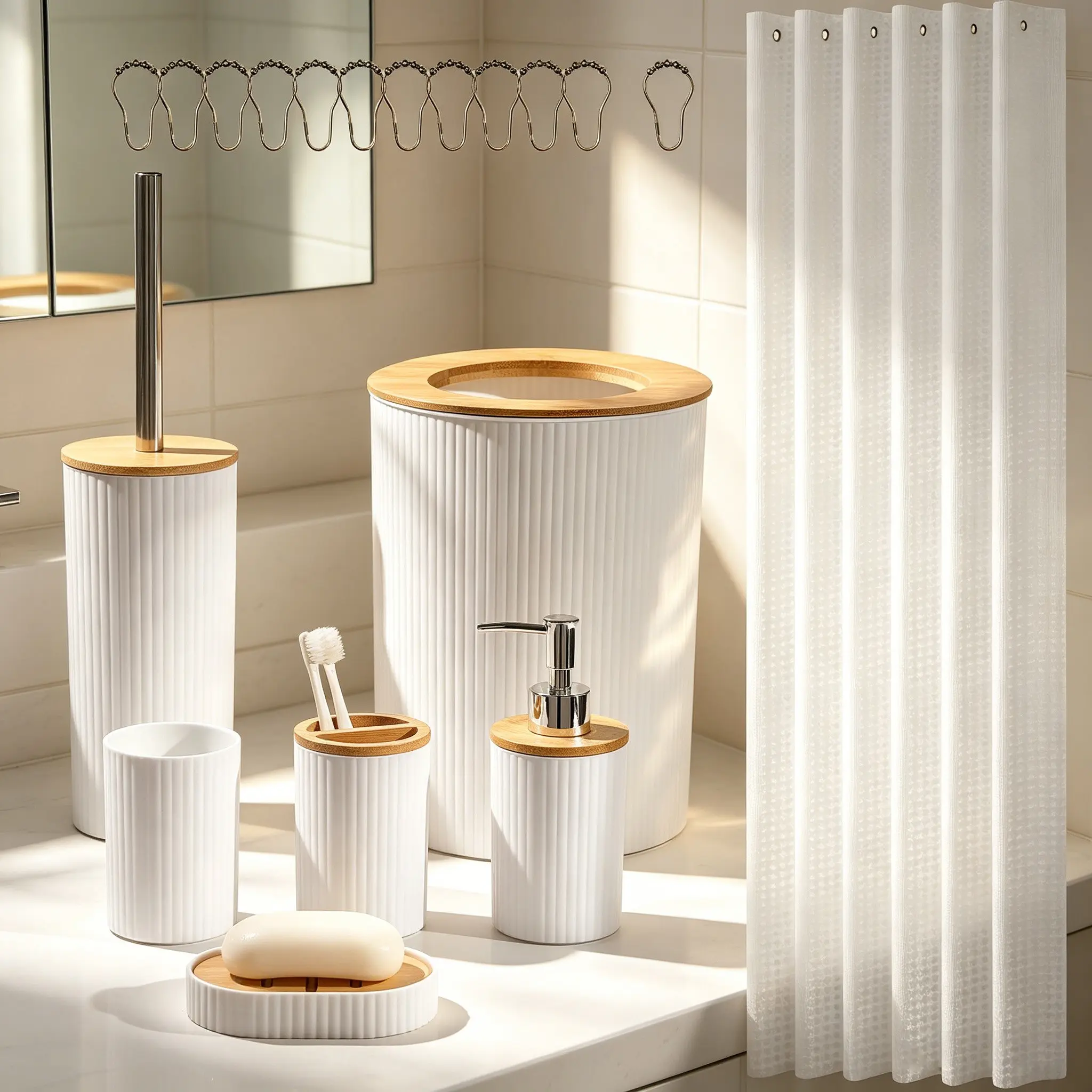Circular Bathroom Accessories 7-Piece Set, Bathroom Accessory Sets, Bamboo Wood Components, Includes Trash Can, Dispenser, Toilet Brush, Toothbrush Holder, Soap Dish, Shower Curtain