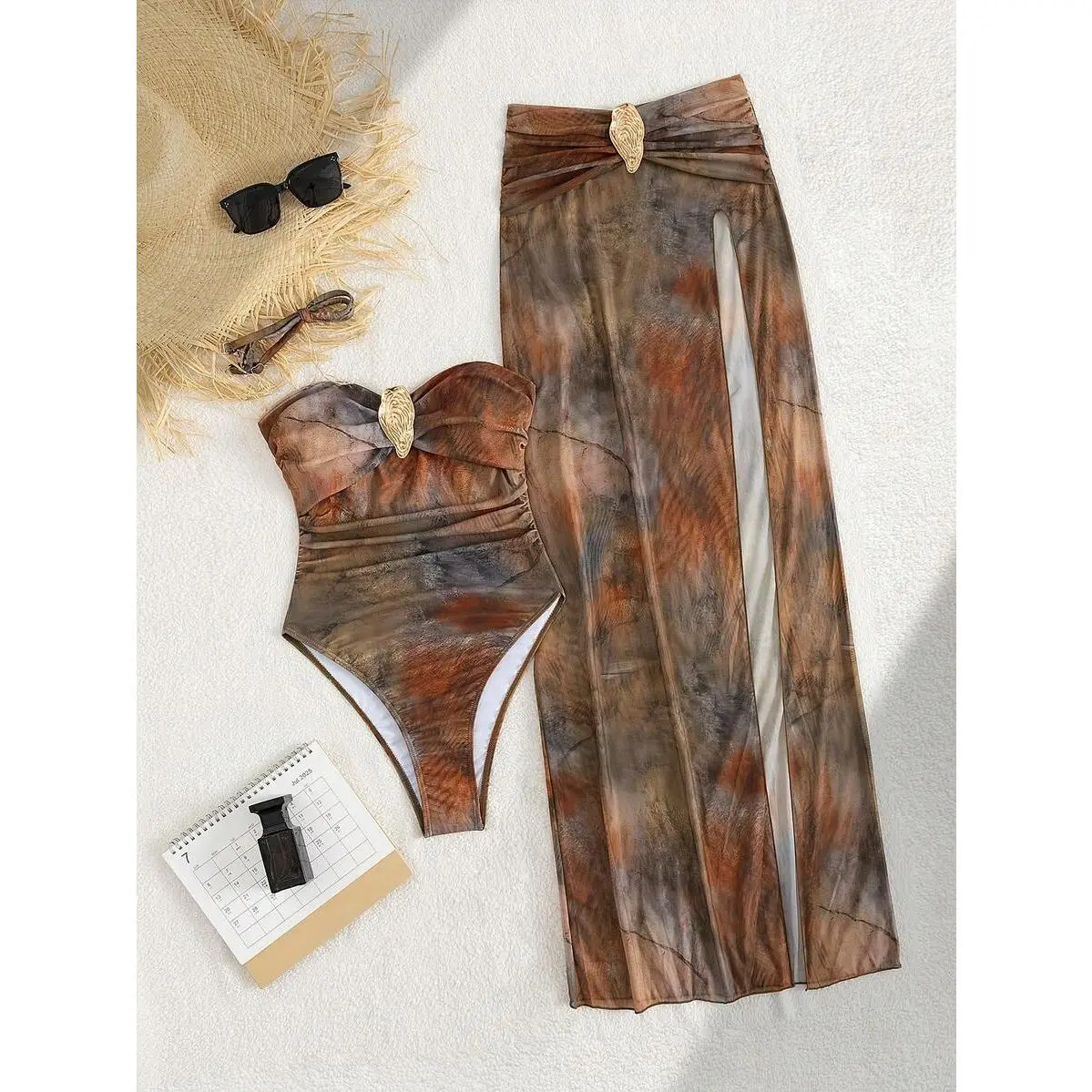 Women's Brown Tie-Dye One Piece Swimsuit and Sheer Maxi Sarong Skirt Set with Gold Leaf Detail, Sexy Ruched Monokini and High Slit Beach Cover Up, Summer Vacation Swimwear, Pool Party, Honeymoon, Resort Wear, Tropical Getaway, Beach Club Outfit, Cruise We