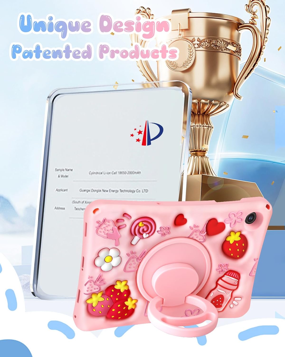 STANDARD GOODS 3C9-PCS003  for iPad A16 Case/10th Generation Case - for Girls Teens Strawberry Soft Silicone Cute with Shoulder Strap & Rotating Stand for iPad 11th Generation Case 11 Inch 2025