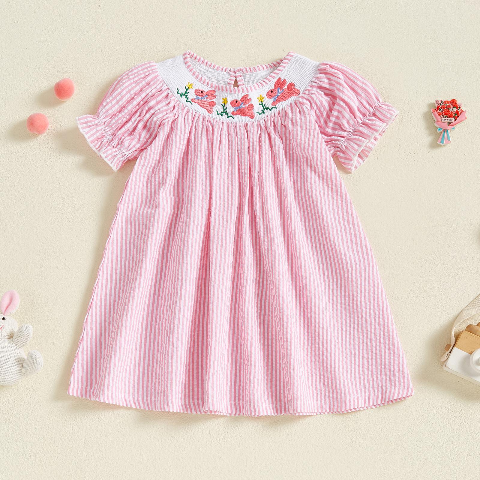 Easter Sister Matching Clothes Toddler Girl Easter Romper/Dress Short Puff Sleeve Stripes Print Smocked Bodysuit/Dress