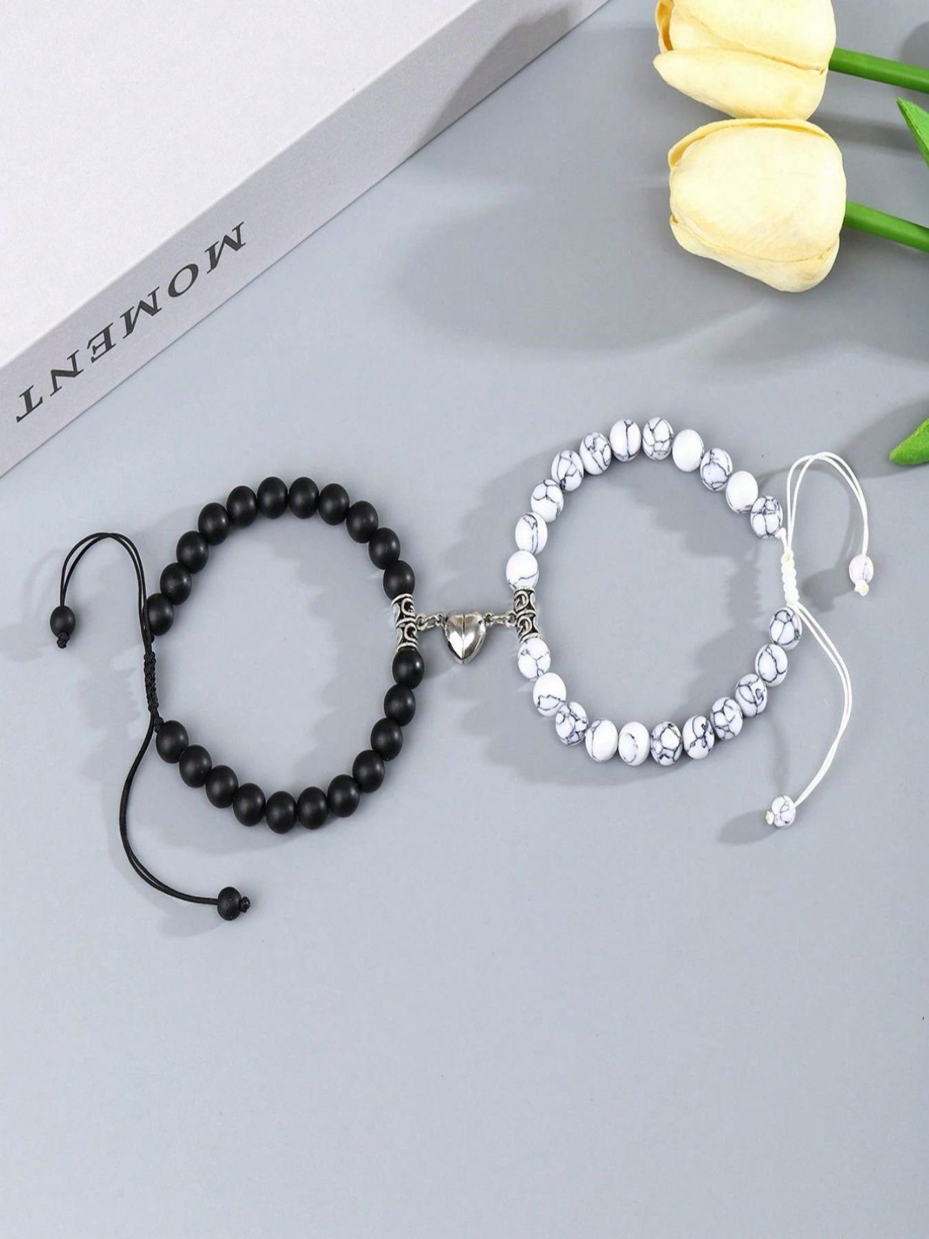 Unisex Fashion Marble Heart Magnet Beaded Bracelet & Moon & Sun Pendant Necklace, Matching Jewelry Set, Fashion Jewelry for Party, Daily Clothing Decor, Trendy All-match & Exquisite Jewelry for Birthday Gift