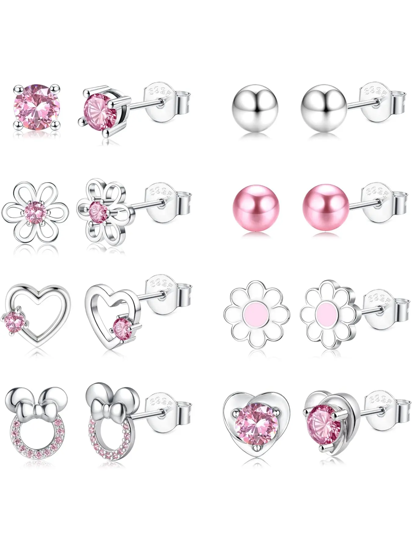 8 Pairs 925 Sterling Silver Stud Earrings for Women & Girls, Hypoallergenic, Lightweight, Pretty Studs, Cz, Flower Daisy, Heart Butterfly Design, Stud Earrings Set