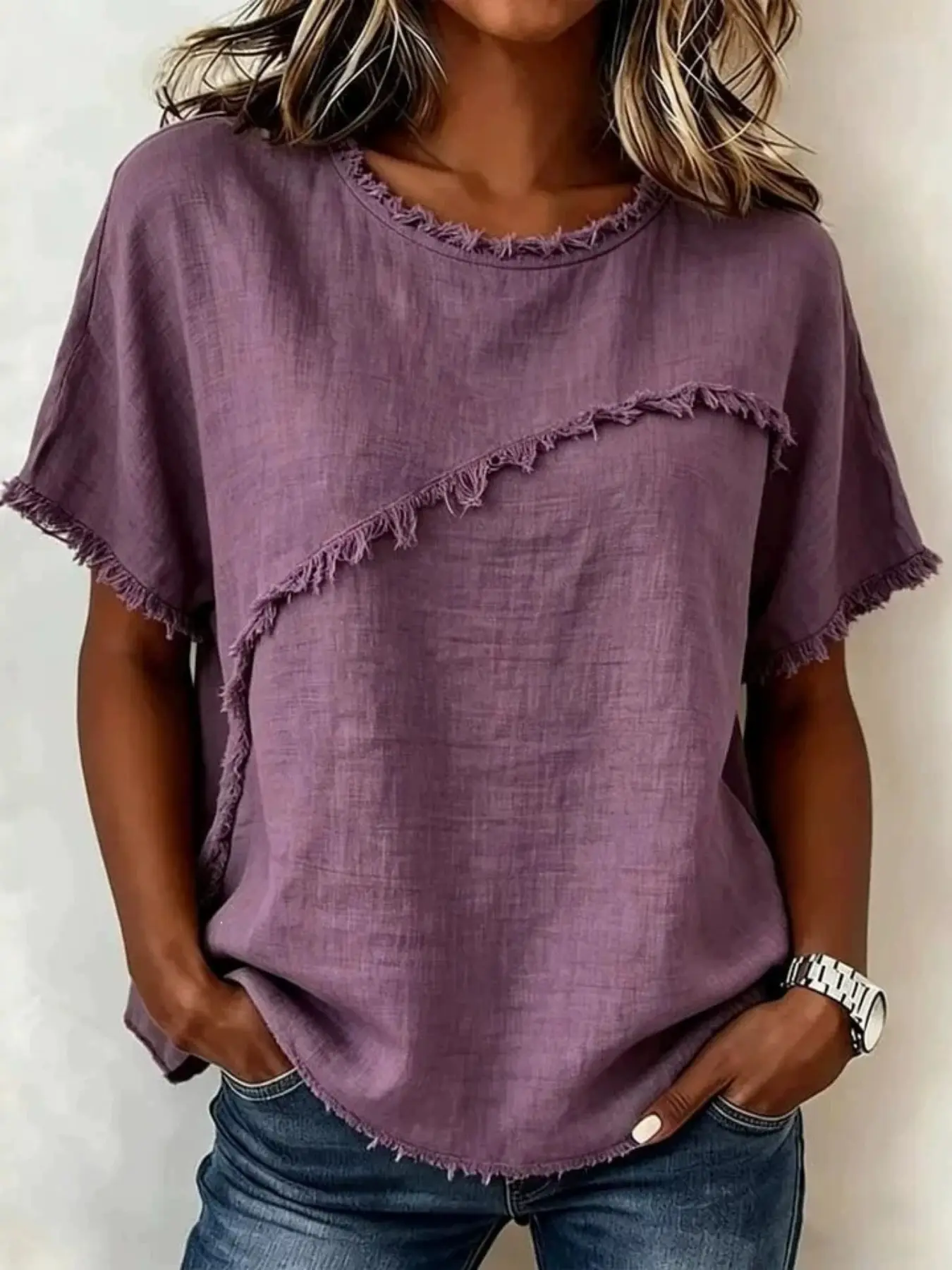 Summer Bamboo Fiber Fringe Short Sleeve T-Shirt for Women, Casual Loose Lazy Style Round Neck Top, French Vintage Conceal Fat Slim Fit Shirt