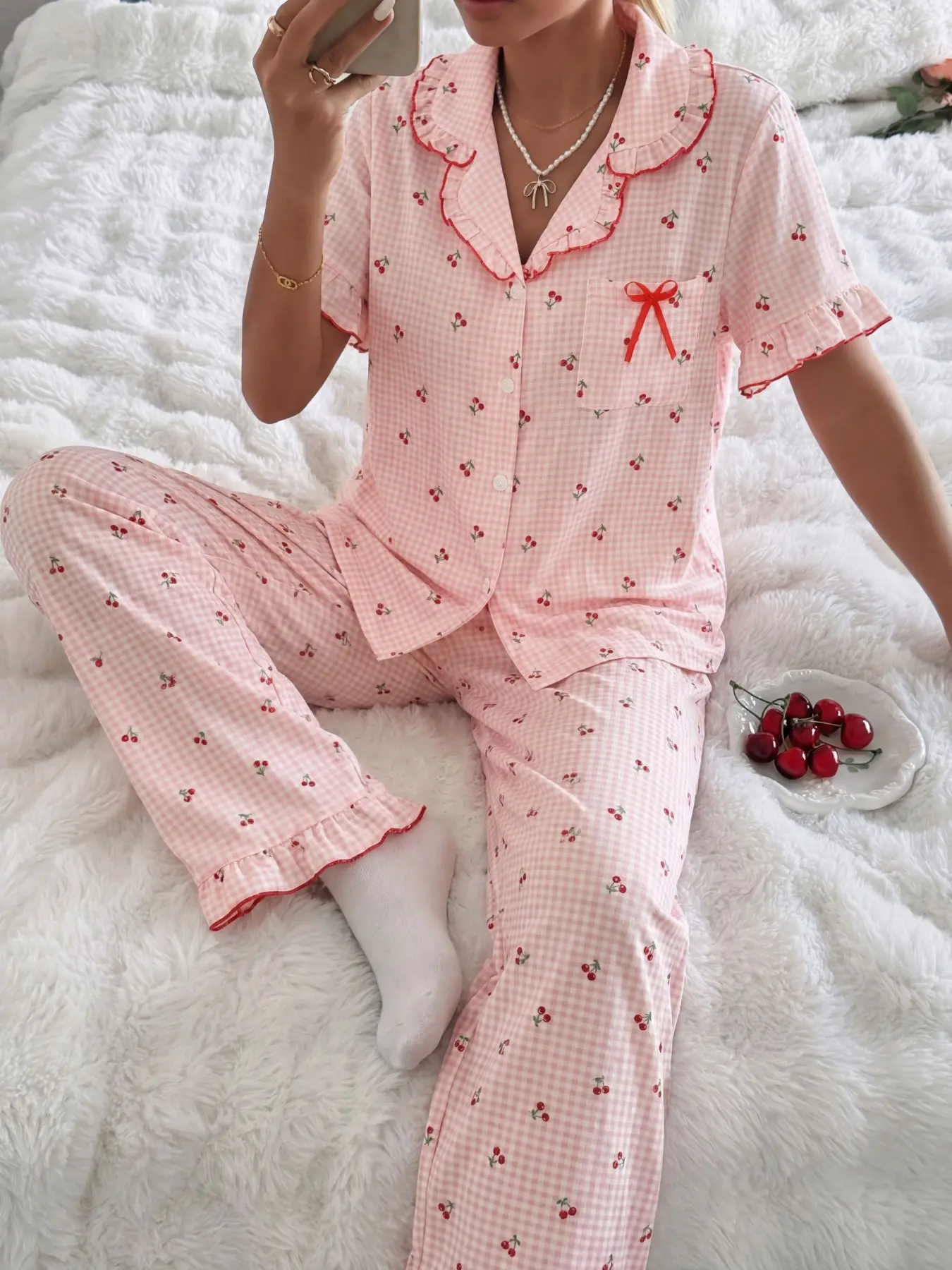 Women's Plaid Cherry Pattern Short Sleeve Set, Elastic Waist Long Pants, Comfortable Fabric, Loose Fit, Casual Home Wear, Sleepwear