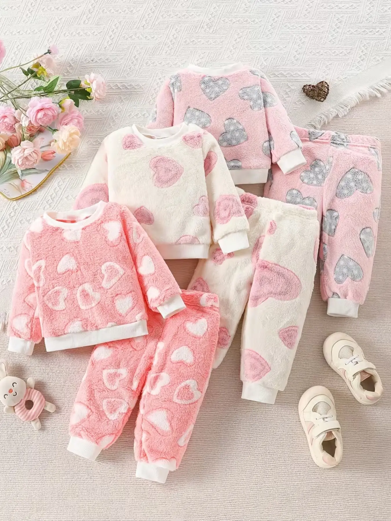 【Black Friday】Toddler Girls Heart Pattern Coral Fleece Six-Piece Set, Cute Round Neck Fuzzy Top and Elastic Waist Pants, Thick Soft Clothes for Autumn & Winter