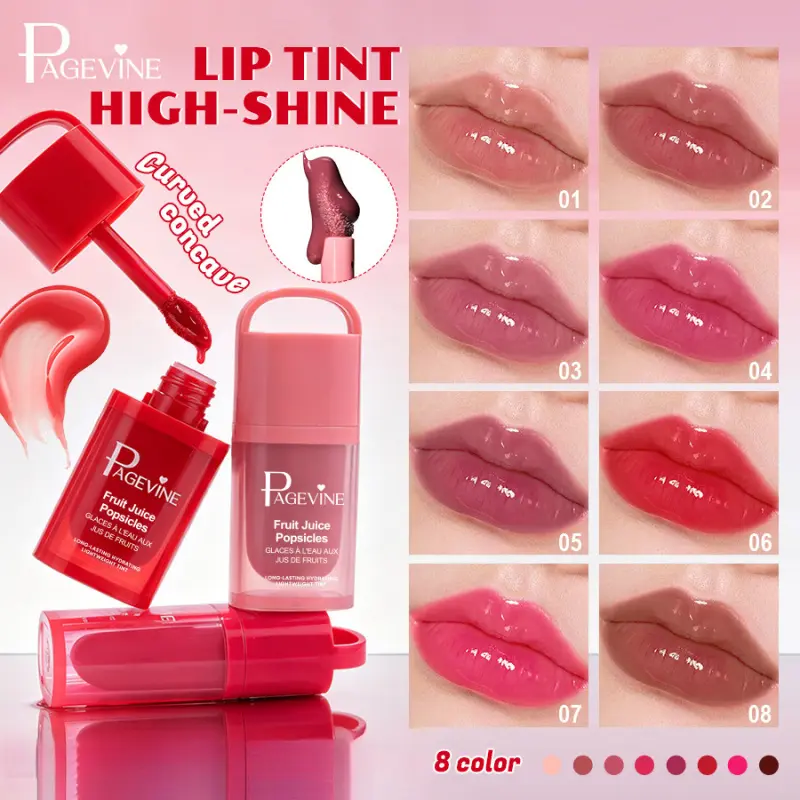 1PC TikTok EU Glossy Lip Tint 8 Shades PAGEVINE Fruit Juice High Shine Lip Stain Curved Concave Applicator Hydrating Long Lasting Portable Popsicle Tube Lip Makeup For Daily Touch Up Beauty Gift