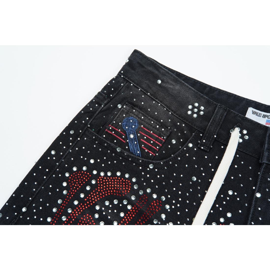 Full Rhinestone Shining Vintage Washed Baggy Denim Shorts Harajuku Y2K Streetwear Letter Embroidery Bling Diamond Loose Knee Length Hip Hop Casual Trendy Sparkly Distressed Jeans Shorts For Men Unisex