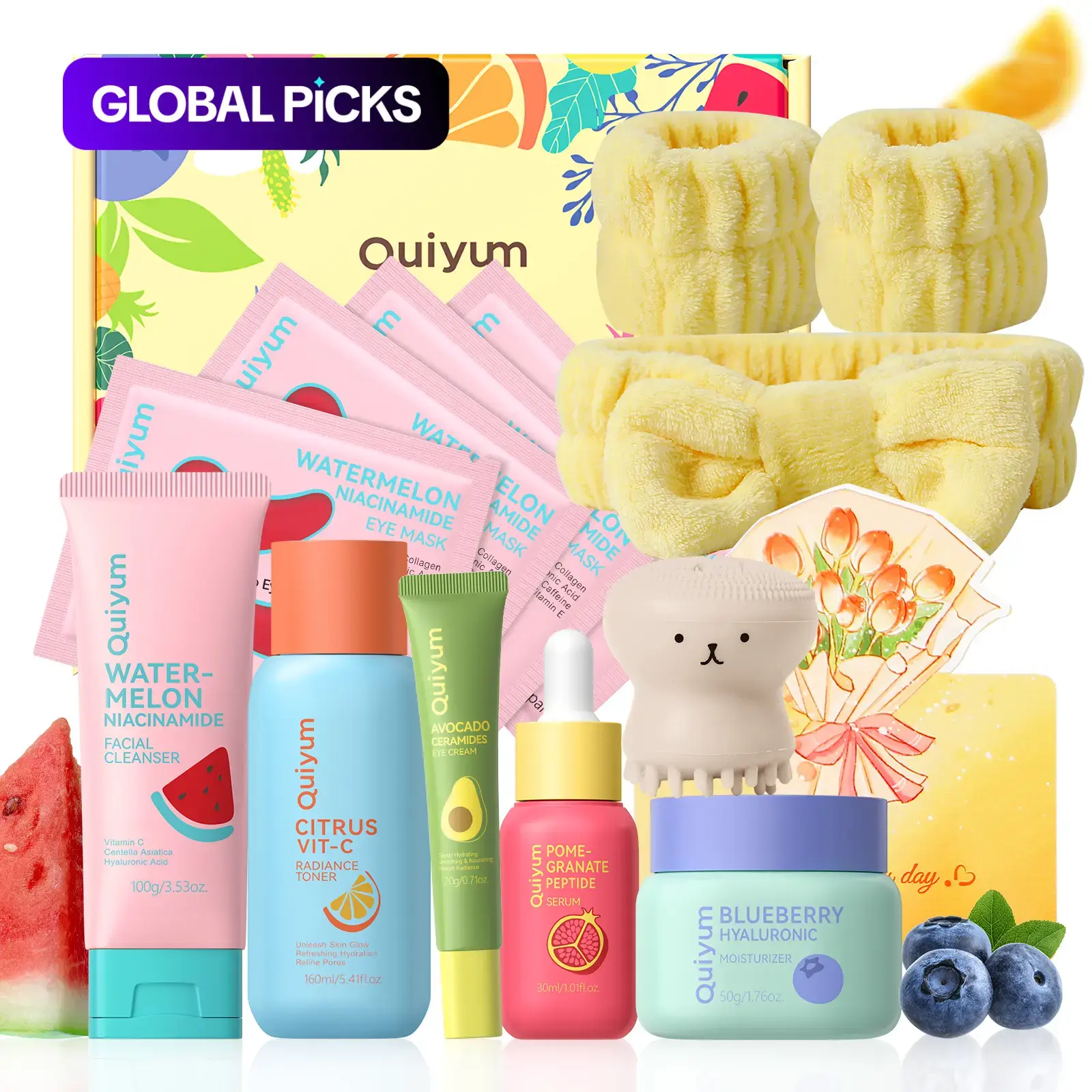 Quiyum Fruit Skincare Gift Set, Includes Facial Cleanser, Toner, Eye Cream, Serum, Cream, Eye Mask, Octopus Brush, Bandeau and Card, Gift Boxes, Perfect Gift #GLOBAL PICKS