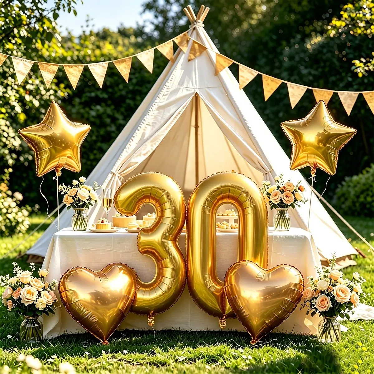 32inch Gold number 30 balloon digital balloon 30 with 18inch gold star balloons and gold heart balloons total 6pcs Helium Balloons for Wedding Happy Birthday 30th party decorations anniversary 30 years party supplies