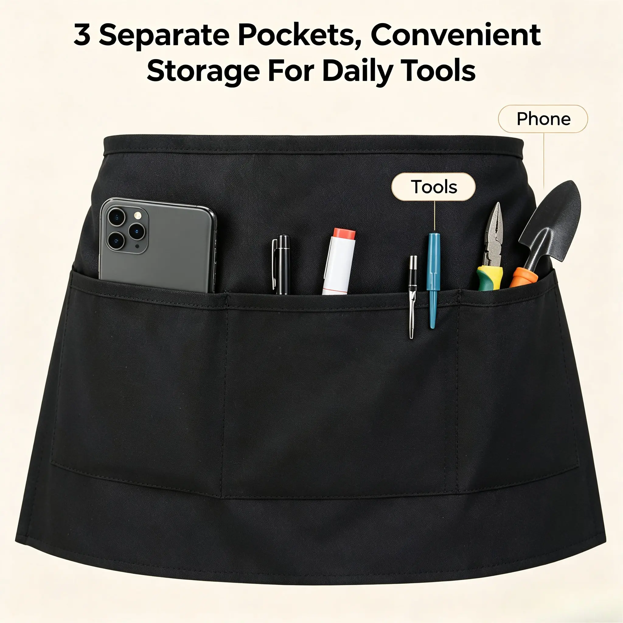 Server Apron with 3 Pockets, Oil-Resistant Waterproof Short Half Apron, Unisex High-Quality Kitchen Server Skirt, China Made