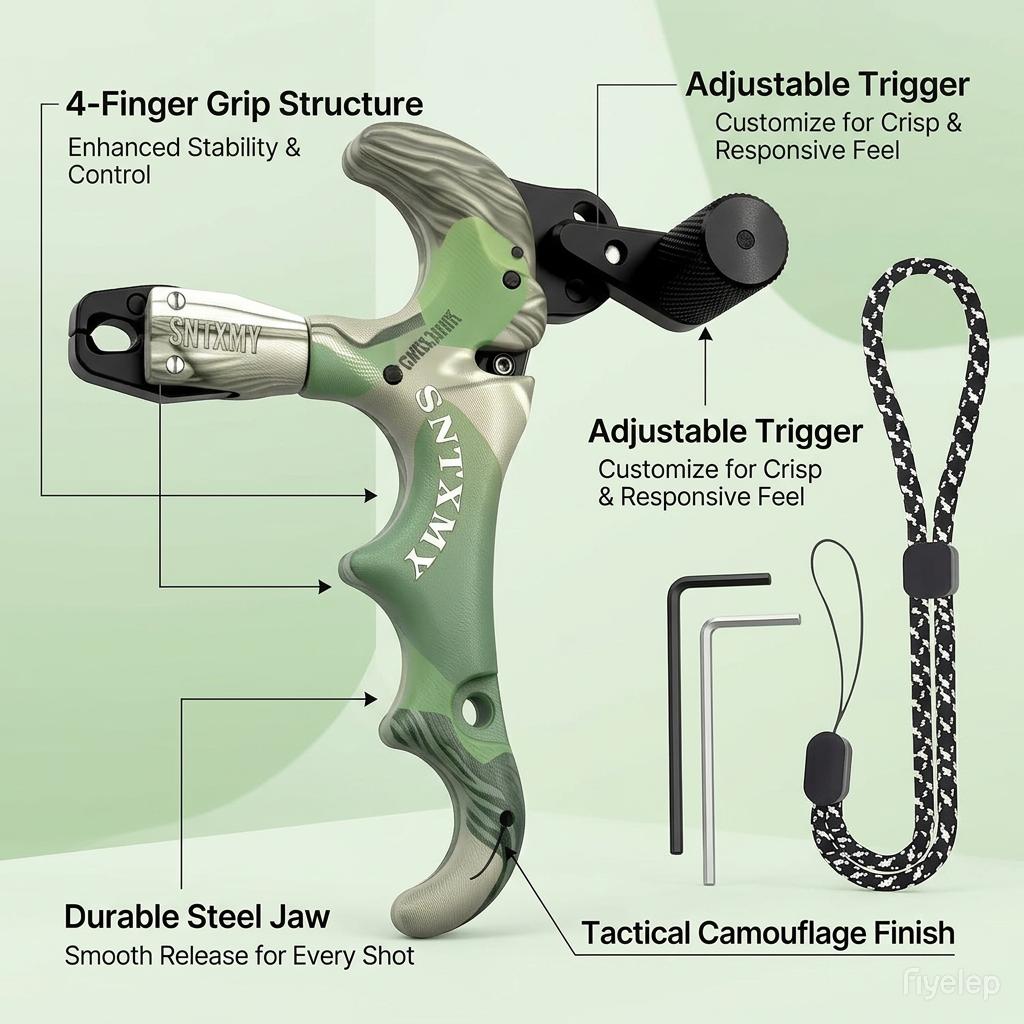 Camouflage 4-Finger Compound Bow Release Aid 360 °   Rotating Auto-Close Jaw Aluminum Head Adjustable Trigger Sensitivity Smooth Release for Hunting Archery Target Practice Outdoor Shooting Bow Accessories Must-Have Gear for Archers Improve Accuracy Consi