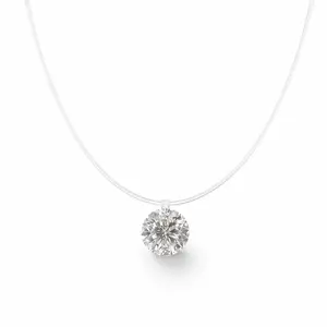 8mm Cubic Zirconia Floating Pendant Necklace for Women – Minimalist Invisible Cord Choker, Adjustable Dainty CZ Crystal Look Layering Necklace, Everyday Jewelry Gift