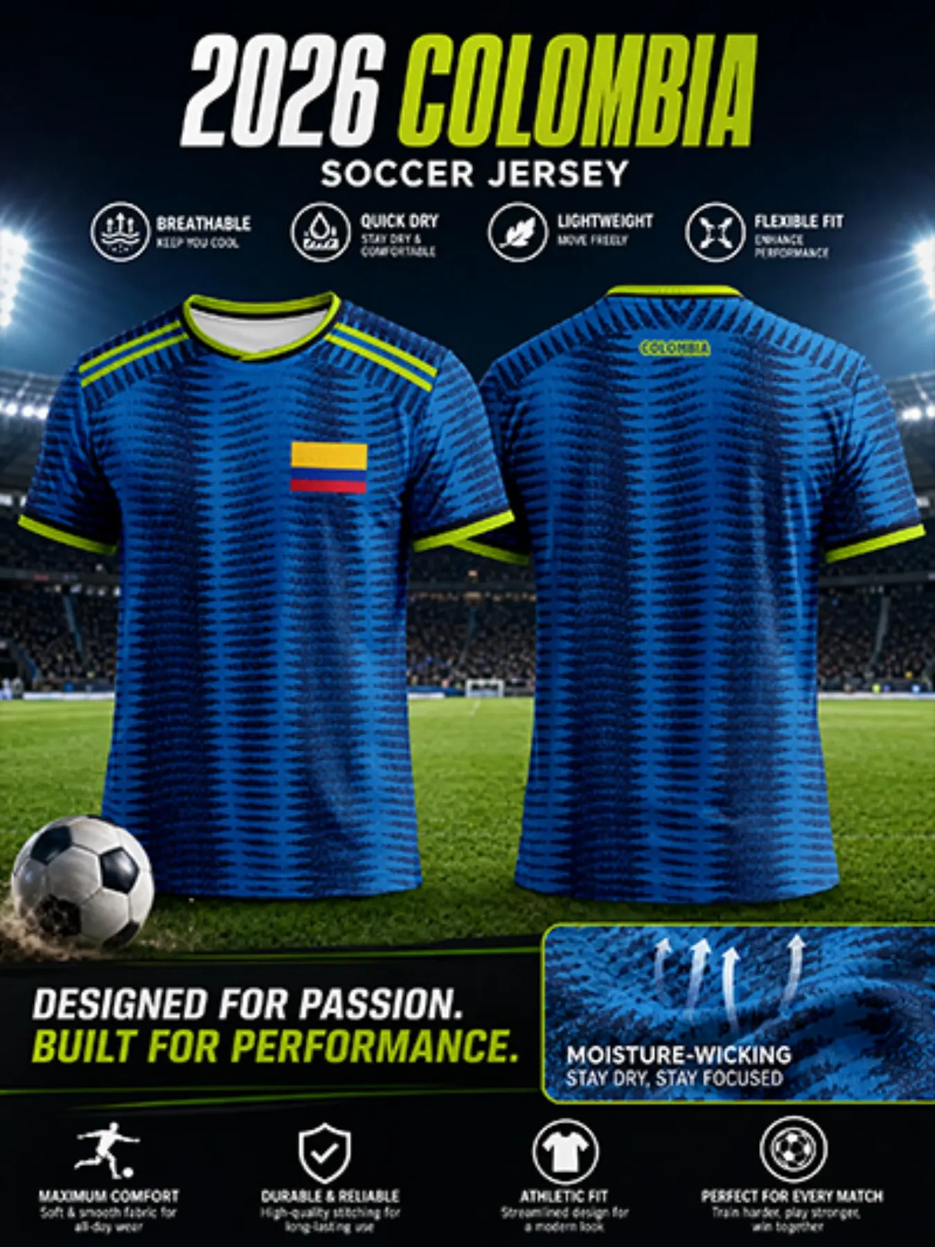2026 Colombia Modern Wave Pattern Soccer Jersey, Quick-Dry Breathable Polyester Mesh, Fashion Deep Blue Wave Print Short Sleeve T-Shirt