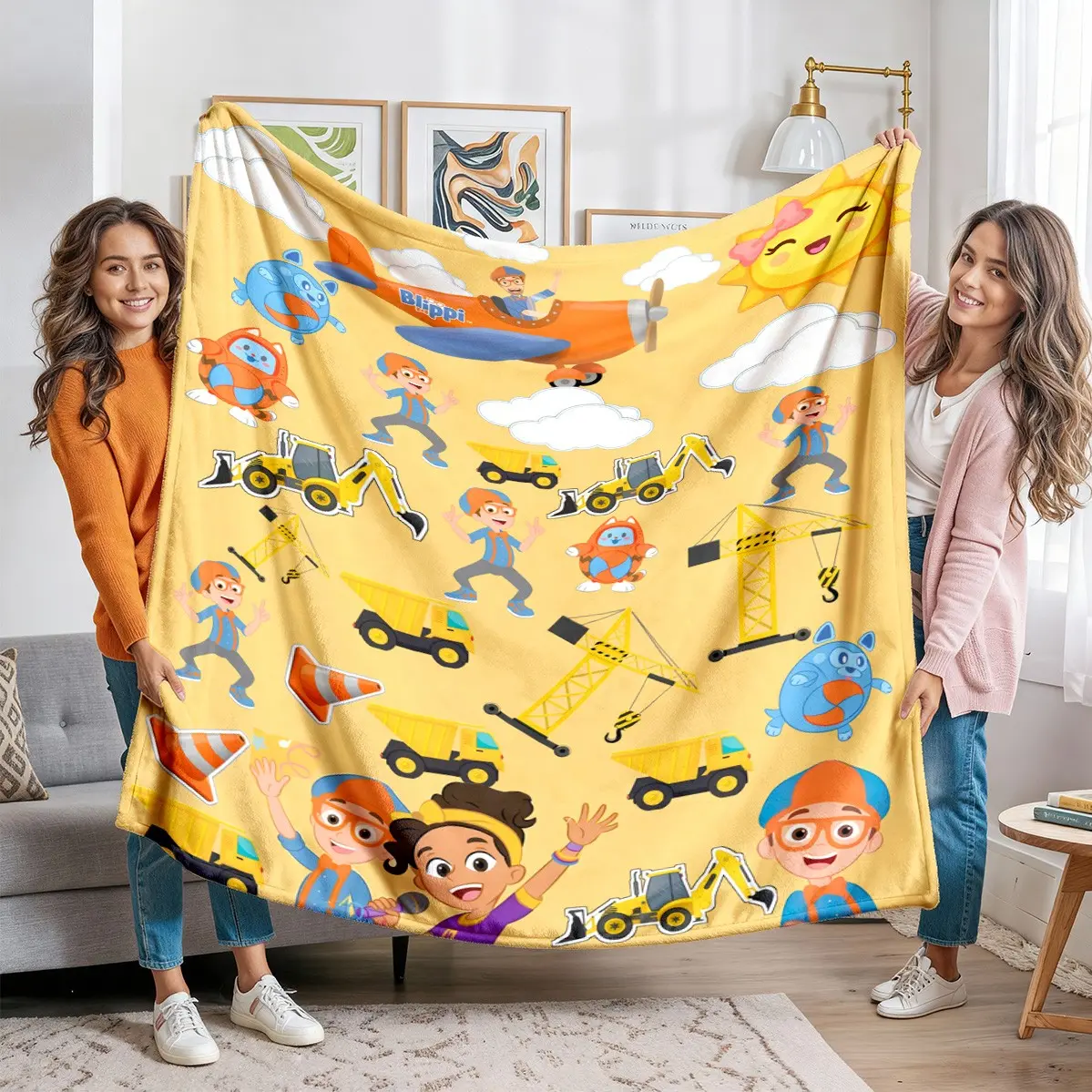 Blippi Kids Educational Cartoon Polyester Flannel Blanket, Construction Vehicle Print, Soft Gift for Toddlers, Nursery Room Decor