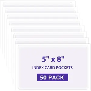 50 Pack Clear Adhesive Pockets, Top Loading Plastic Label Holder for Index Card Sleeves, Planners and Note Cards, 5'' x 8''