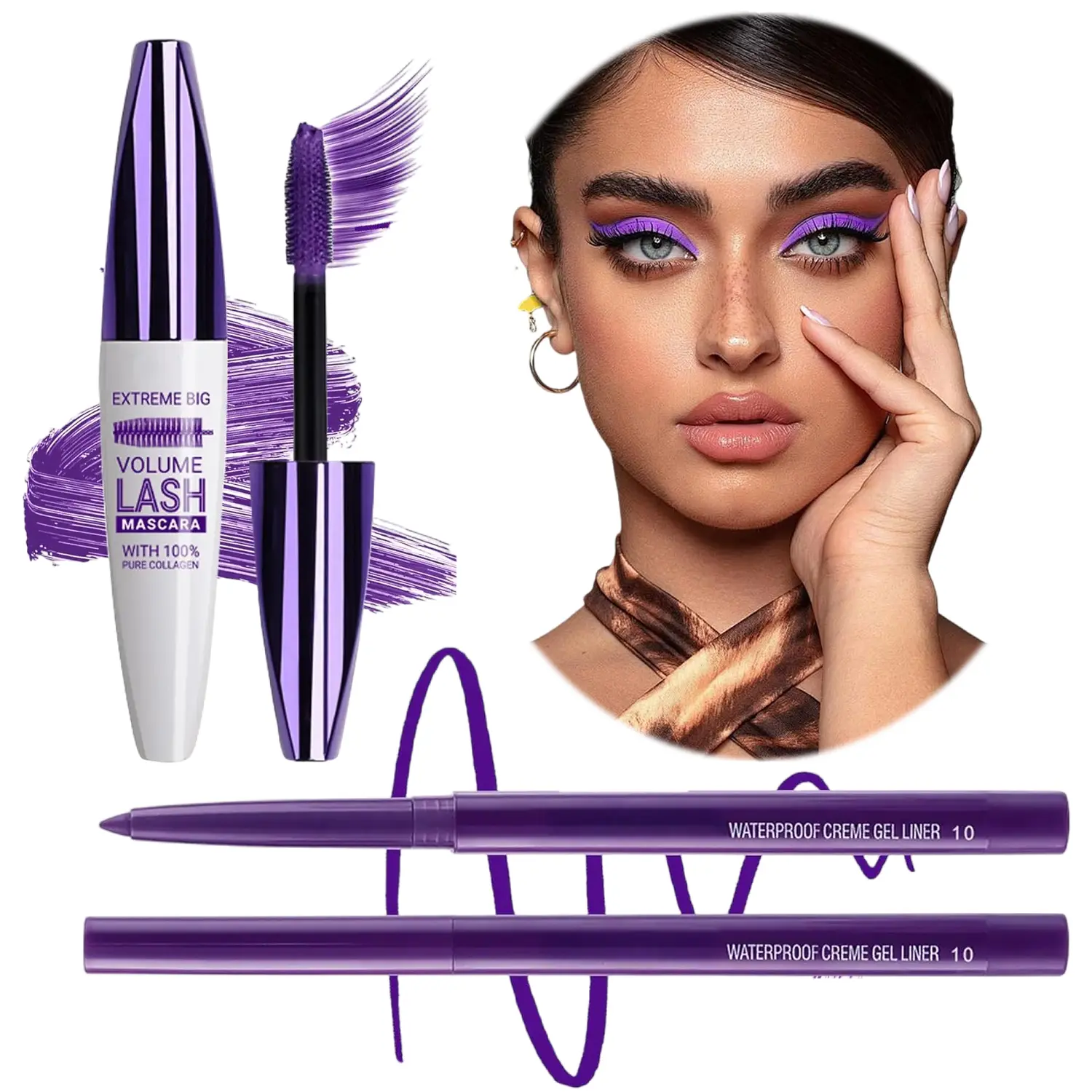 Purple Mascara and Eyeliner Set, 5D Fiber Colored Mascara, Waterproof Quick‑Drying Formula for Lengthening, Curling & Voluminous Eyelashes, Eye Makeup Kit for Women