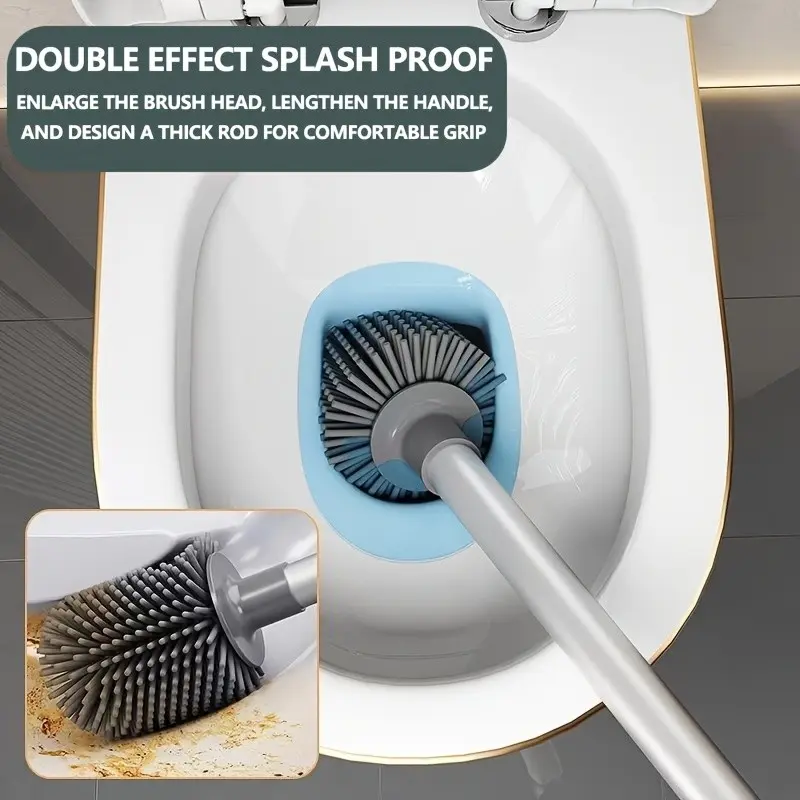 Silicone Toilet Brush Set with Wall-Mounted Holder, Long Handle Brush Head, Silicone Bristles, Includes Hook, Bathroom Cleaning Tools, Toilet Scrubber Brush