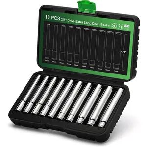 10PCS 3/8-Inch Drive Extra Deep Metric Socket Set, 6 Point, 8mm to 17mm, No Skipped Sizes, 120MM Deep CR-V Socket for Automotive and Industrial Applications