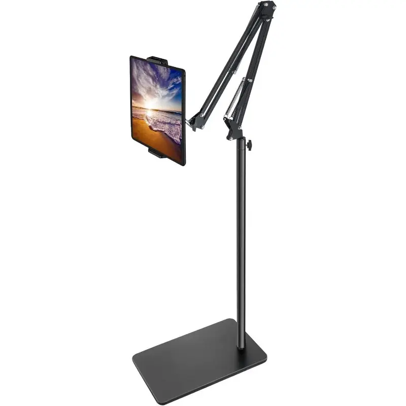 Tablet Floor Stand with Double Weight Base, Overhead Bed Phone Mount Height Adjustable Arm Stretchable Stand Holder, Compatible with iPad Mini Air Pro, Galaxy Tab, Kindle, Switch, Cell Phones Computer Smartphone