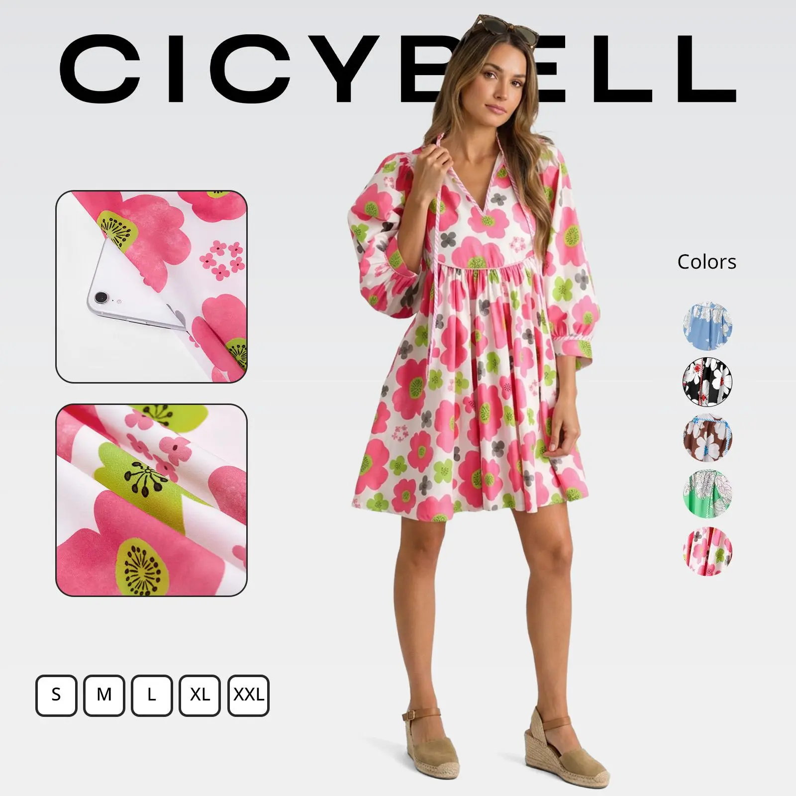 Cicy Bell Women's Floral Mini Sundress 3/4 Balloon Sleeve V Neck Flowy Babydoll Dress for Summer Beach Vacation Boho Outfits Casual Womenswear