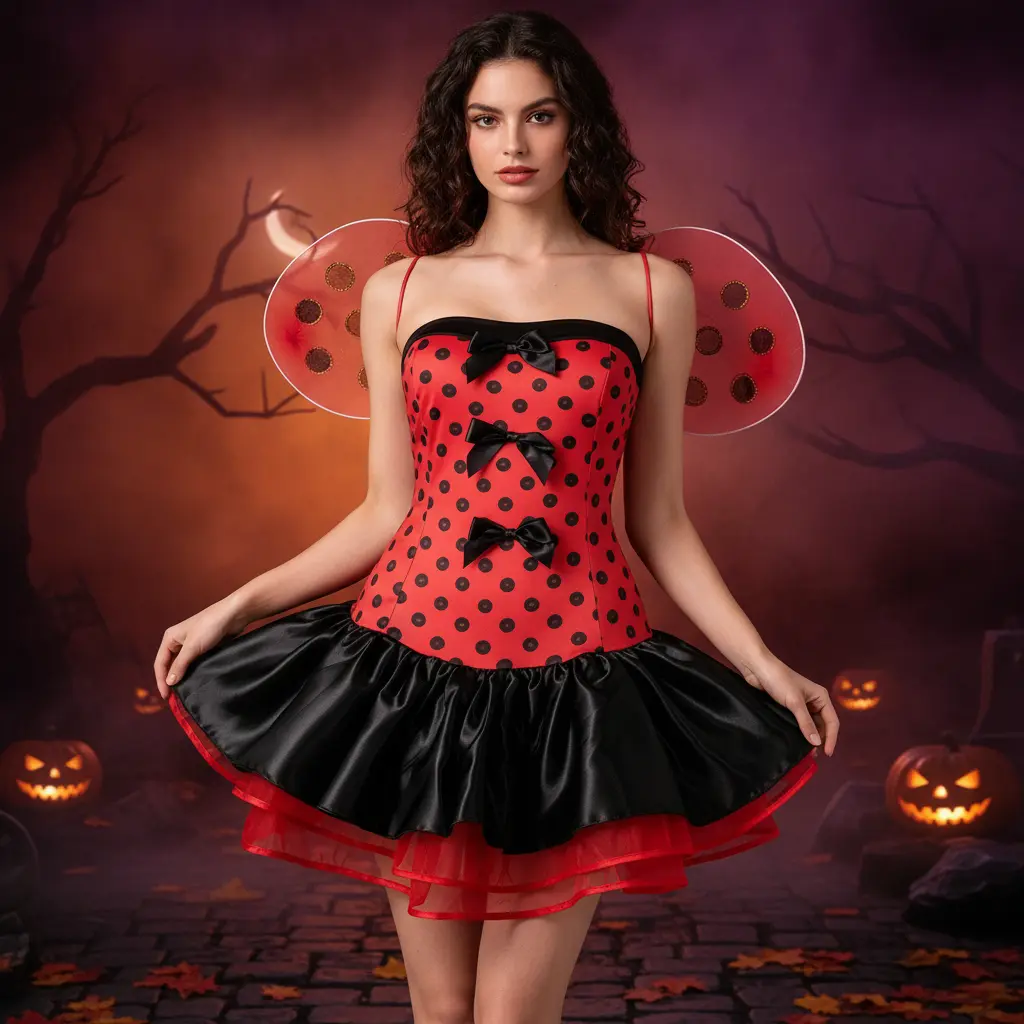 Women Ladybug Costume, Dot Print Tube Top Dress and Beetle Wings 2 Piece Set for Halloween Cosplay Party