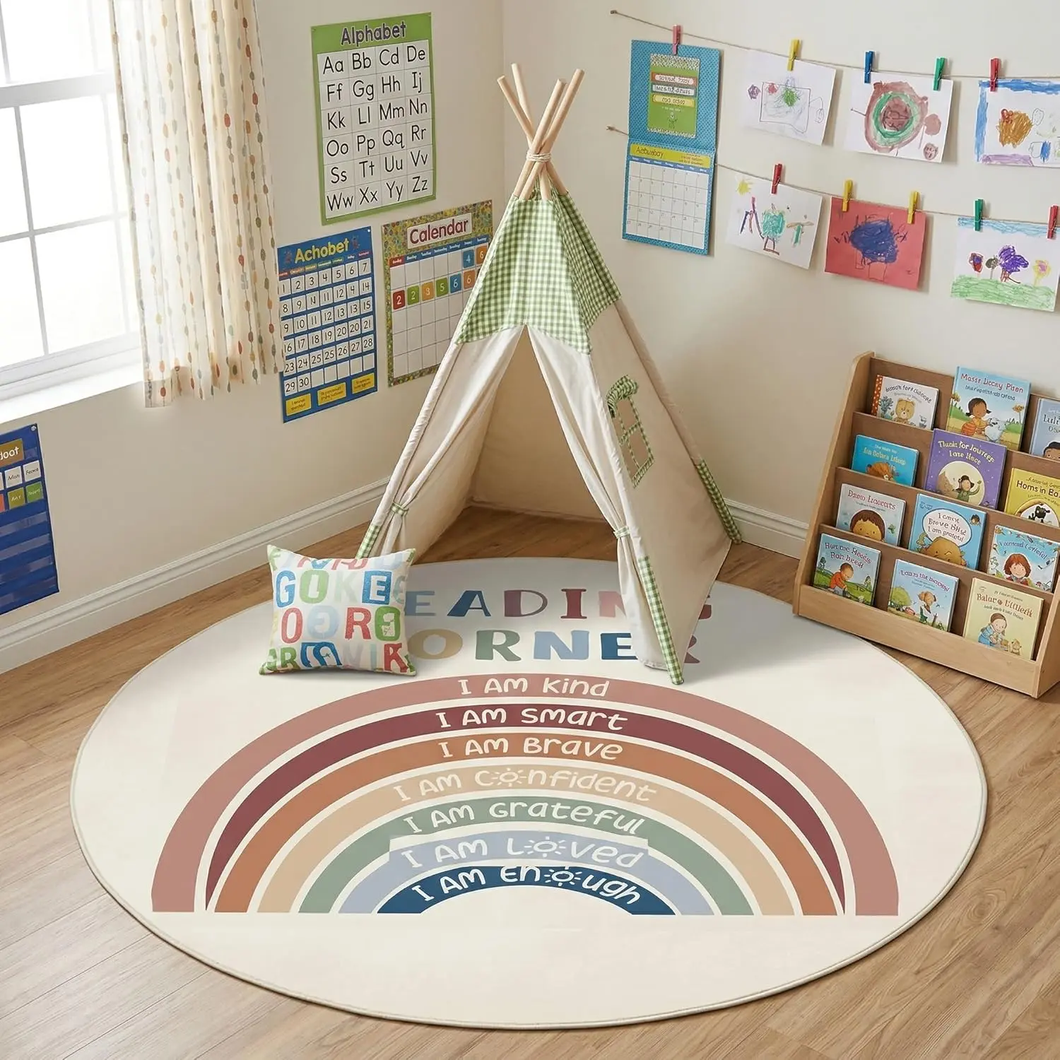 Round Classroom Rug 40 Inch Rainbow Classroom Reading Corner Rug, Washable Non Slip Playroom Nursery Carpet, Boho Colorful Polka Dots Learning Rugs for Reading Corner Preschool