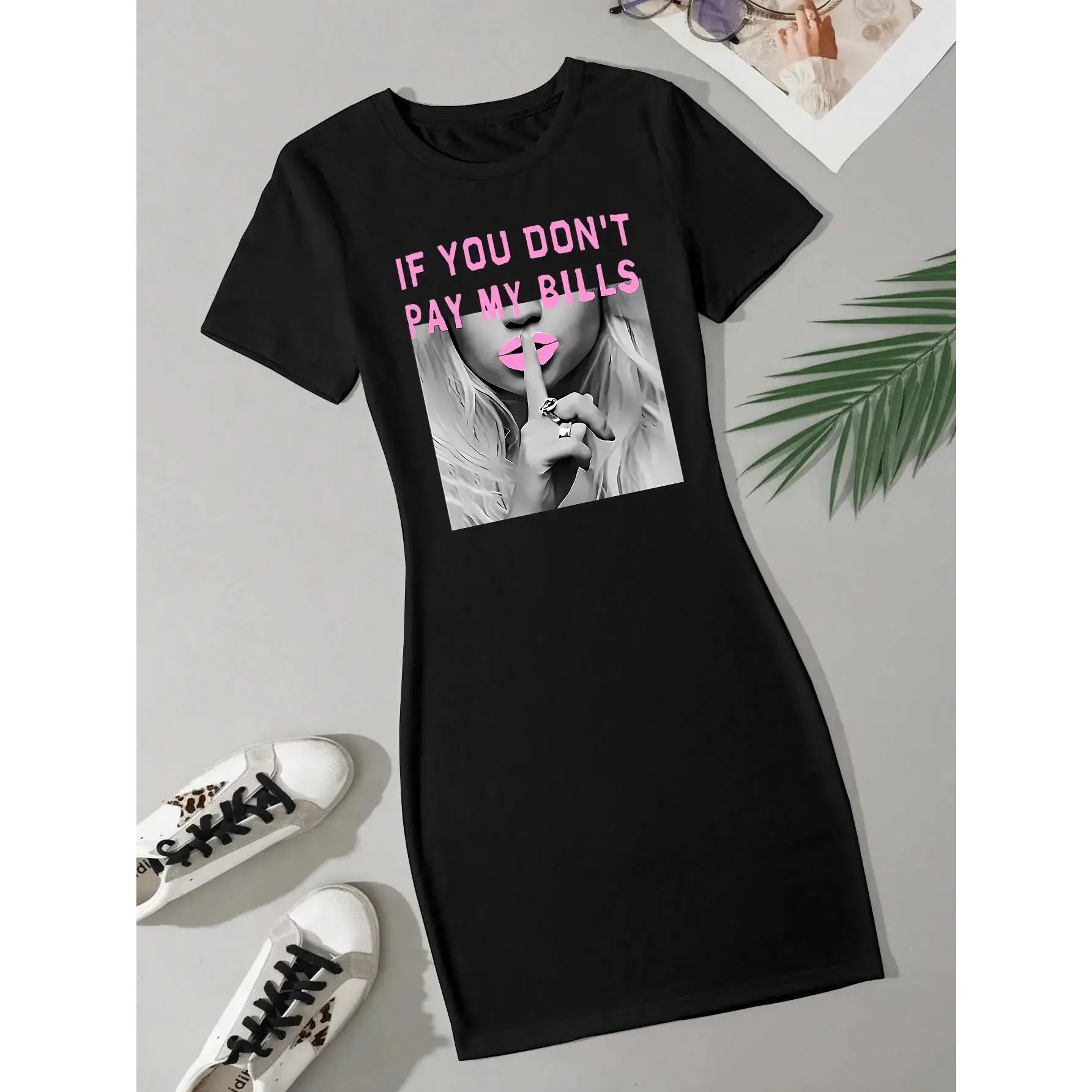 Funny Slogan T-Shirt Dress - "If You Don't Pay My Bills" Pink Print Bodycon Short Sleeve Dress with Shushing Gesture & Lips Graphic, Oversized Knee-Length Summer Dress for Parties/Casual Wear (Machine Washable)