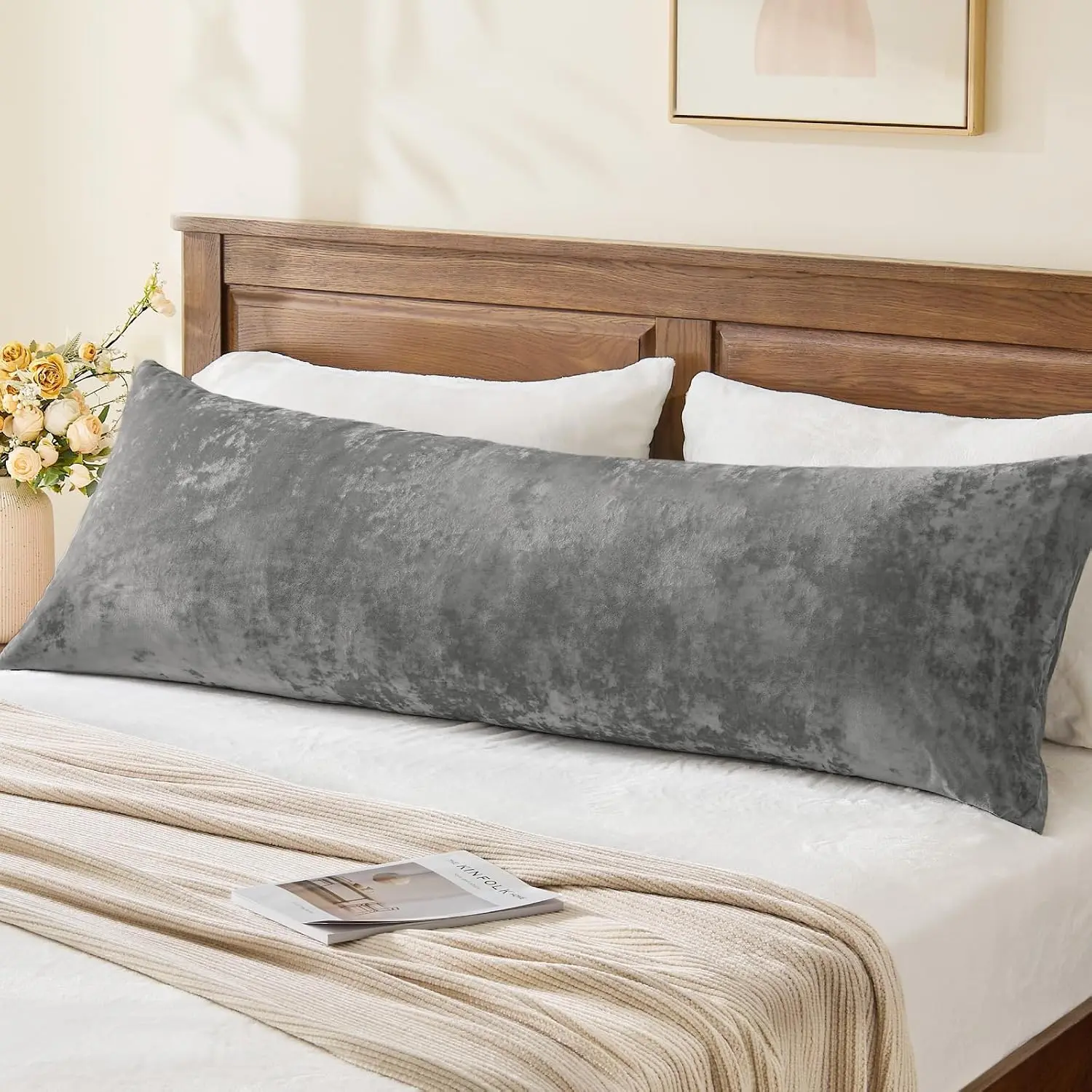 Pillow Cover with Zipper, Soft and Plush 20x54 Long Pillow Case, Velvety Smooth and Cozy  Pillow Pillowcase for Bedroom and Couch, for  Seasons(Gray)