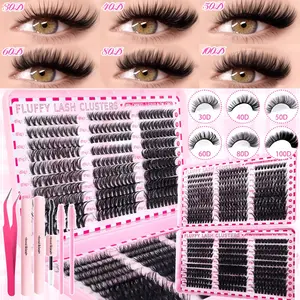 600/300/280PCS Cluster Lash Clusters D Curl Volume Lashes 9-16mm 30D-100D Reusable Individual Fluffy Eyelashes with Glue Sealant Tweezers Brushes Cosplay Party Lash Tech Supplies