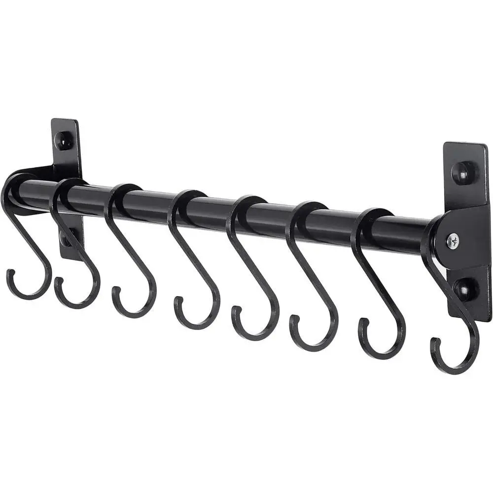 Dseap Kitchen Utensil Holder Hanger, Pot and Pan Rack Wall Mounted, Kitchen Rail with 8 Hooks for Hanging Cooking Utensils, Mugs, Spoons, Wall Mounted, Black