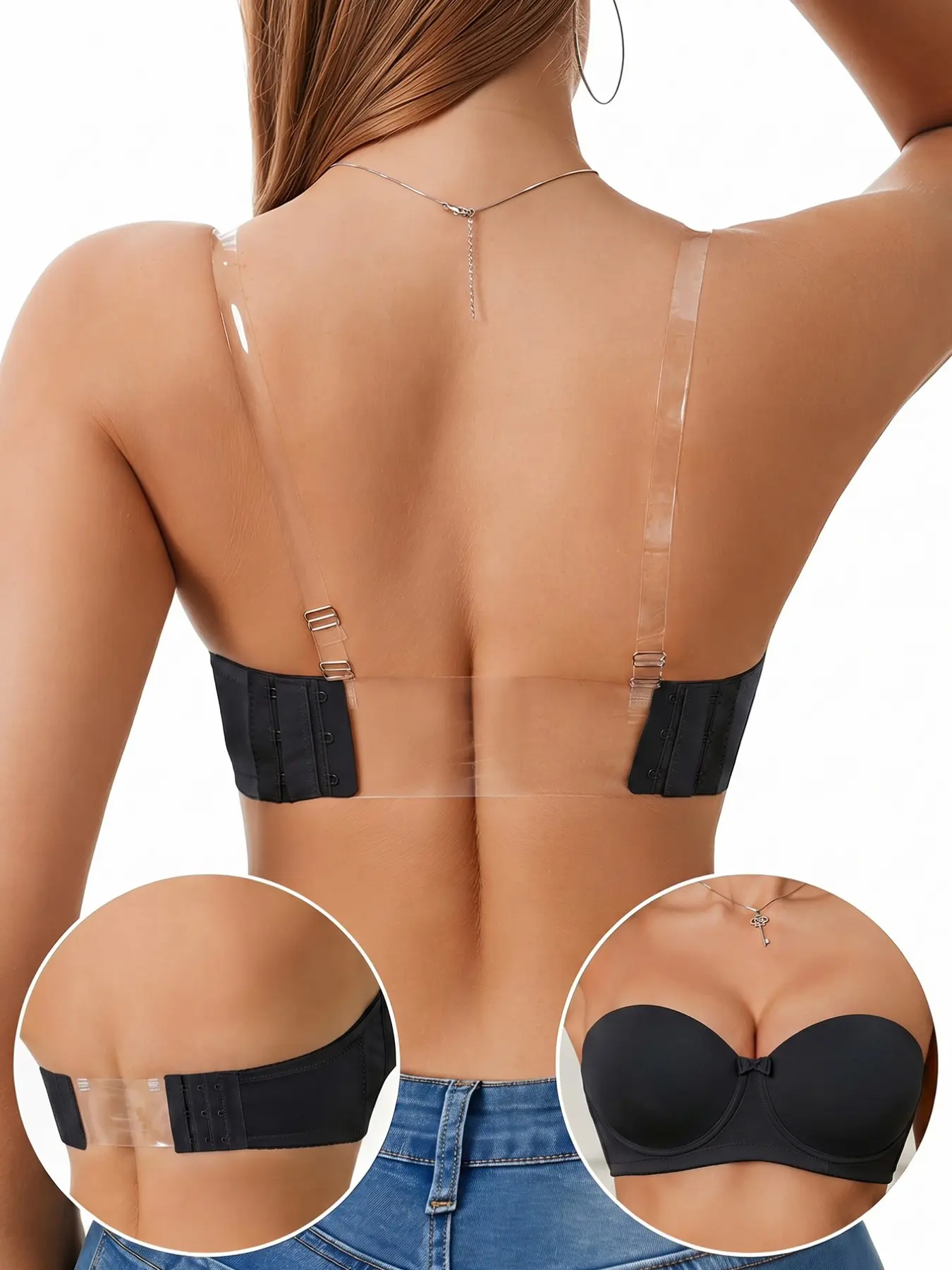 Women's Transparent Back Bandeau Bra, Underwire Push Up Strapless Bra with Removable Clear Straps, Non Slip Backless Bra for Off Shoulder & Open Back Tops, Seamless Elegant Everyday Lingerie