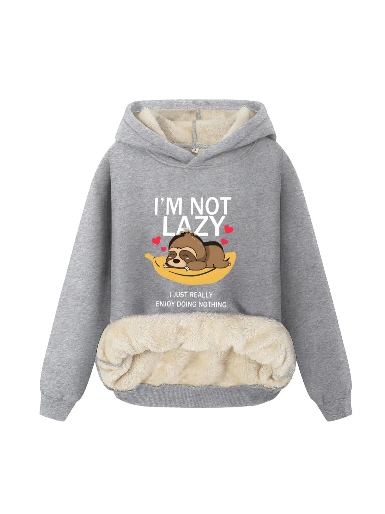Women's Letter & Sloth Print Plush Hoodie, Casual Long Sleeve Thermal Lined Hooded Sweatshirt for Fall & Winter, Women Clothes for Daily Wear, Graphic Hoodies, Cute Animal Sweatshirt, Funny Sweatshirt, Everyday Hoodie, Fall Winter Clothing
