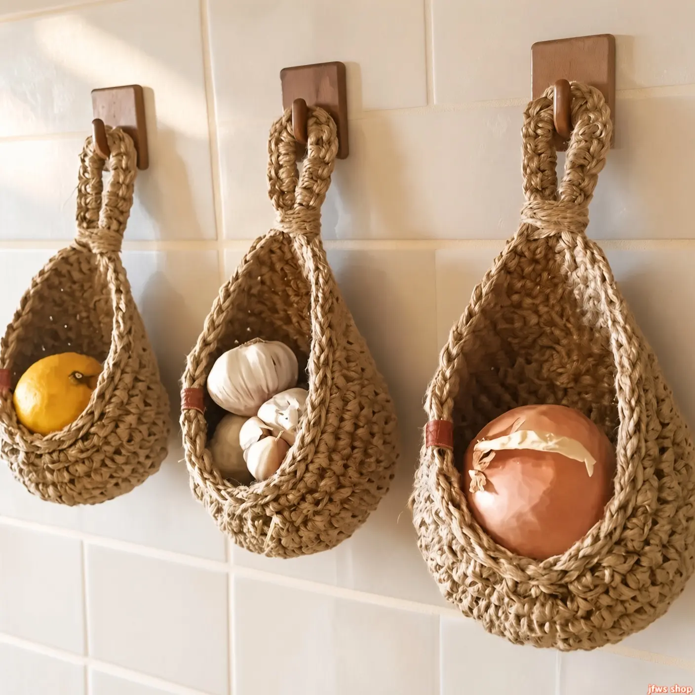 2026 New 3 Pack Boho Wall Hanging Fruit Basket Set, Handwoven Natural Jute Rope Kitchen Vegetable Storage Organizer with Hooks for Garlic Onion Potato, Decorative Woven Wall Basket for Home, Restaurant, Farmhouse Decor tiktokshopbacktoschool