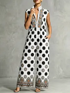 High-Waisted Loose Fit Colorblock Pleated Pocket Polka Dot Stand Collar Romper Jumpsuit, Stylish, Elegant, Chic and Comfortable One-Piece for Women