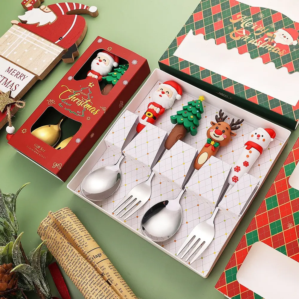 4Pcs Christmas Cutlery Set, Stainless Steel Spoon and Fork Set with Santa Snowman Reindeer Tree Handle, Reusable Tableware for Dessert, Coffee, Tea, Kitchen, Dining, Christmas Party, Holiday Gift
